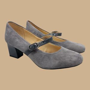 Trotters Mary Jane Suede Pump Shoes 10.5 W Ankle Strap High Heel Grey Classic